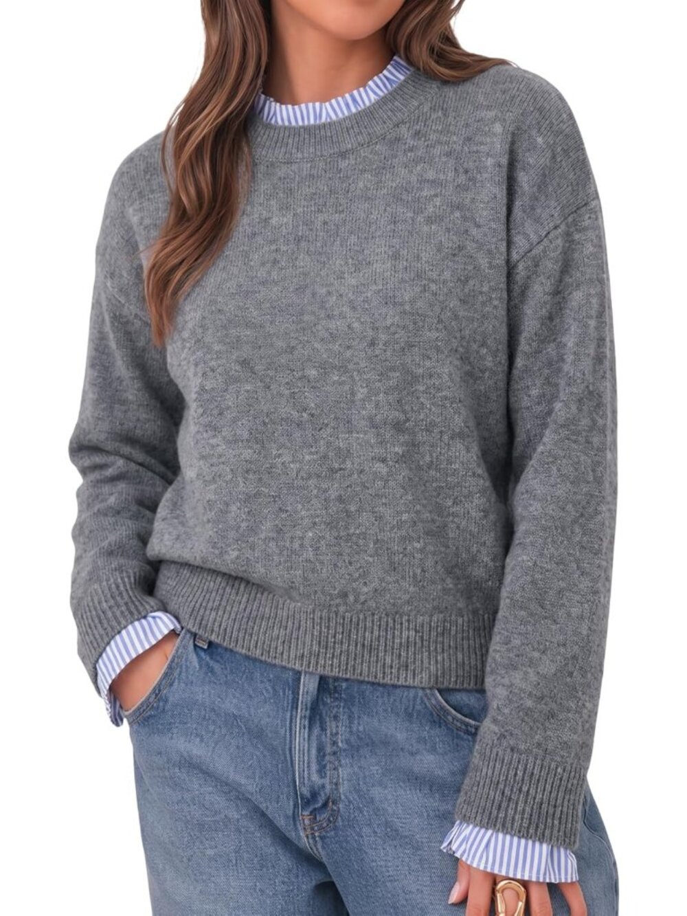 Chic Women's Long Sleeve Ruffle Sweater - Crew Neck Patchwork Knit Top